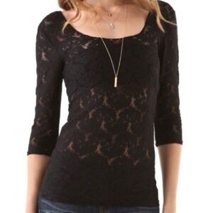 INTIMATELY Free People Lace Scoop Neck Fitted 3/4 Sleeve Top, Black, Women's M